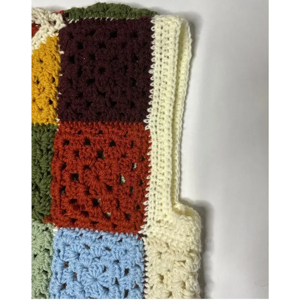 Vintage 1970s Style Handmade Crochet Granny Square Patchwork Vest Unisex XL